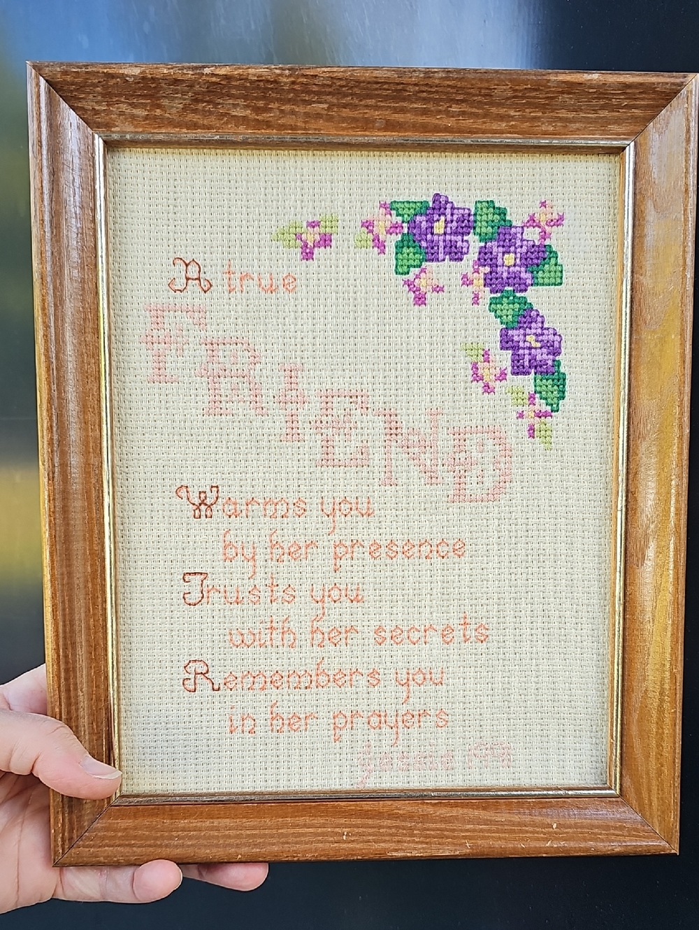 Handmade 'A True Friend' Cross Stitch Wall Art in Purple and Green